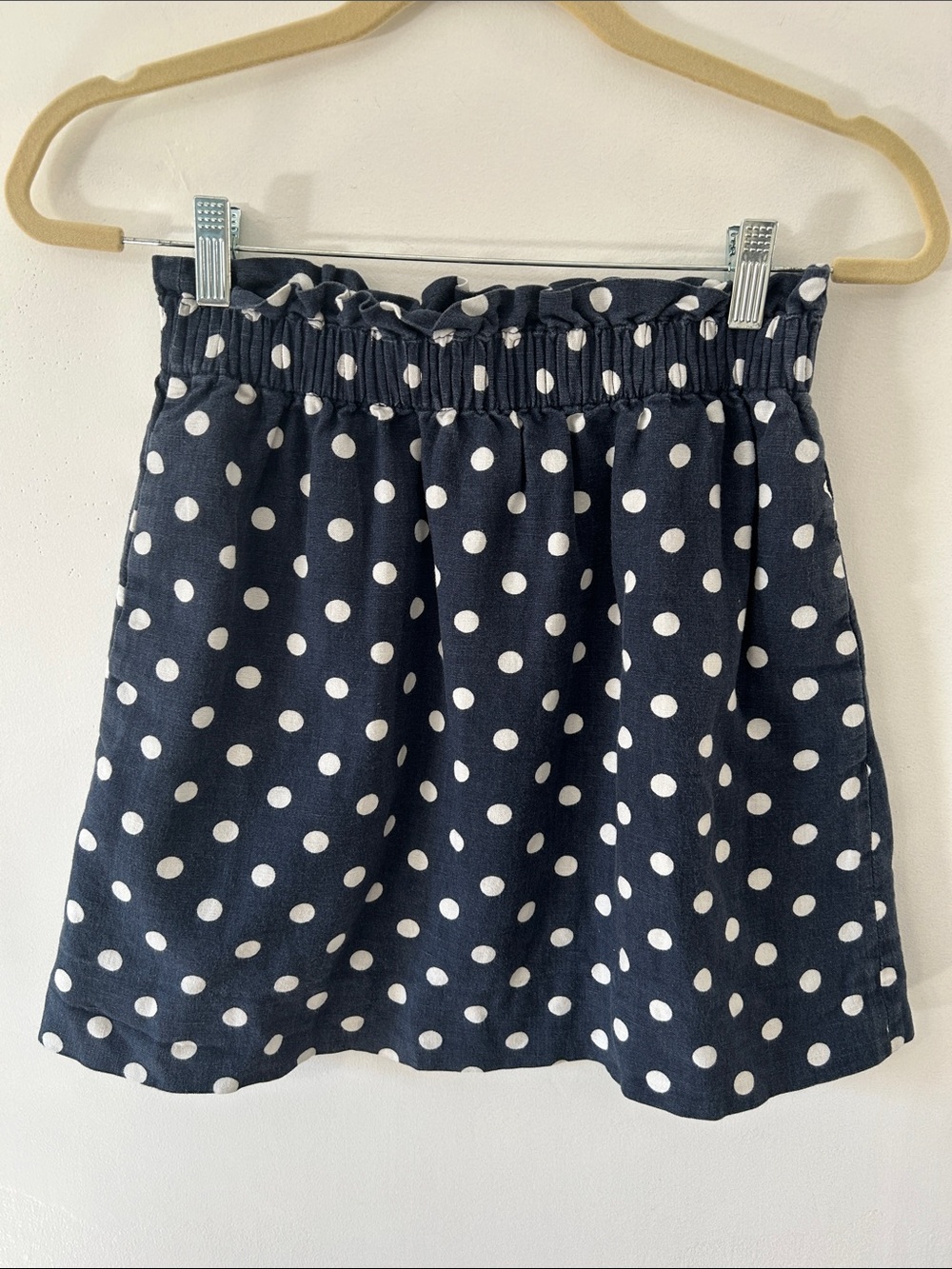 J. Crew Mini Skirt Linen Navy Polka Dot Pull On Elastic Waist Easy Beach Casual